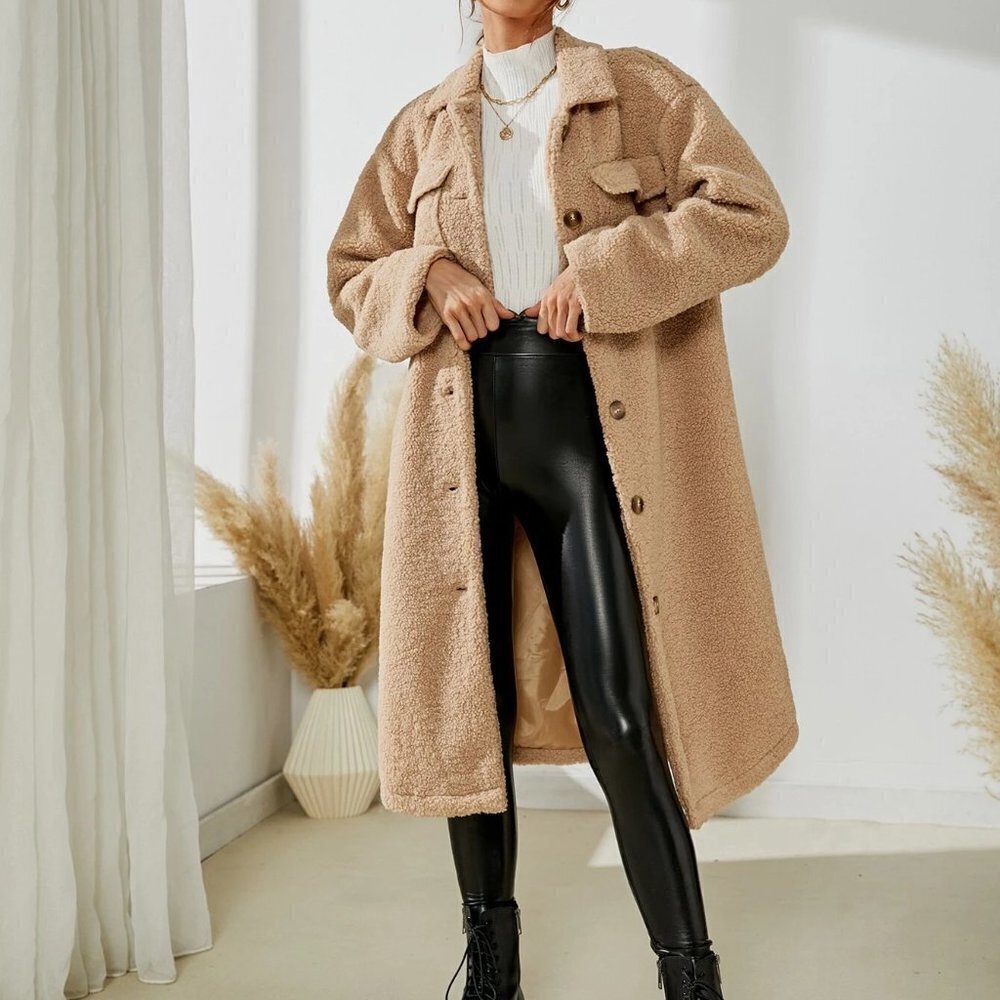 Khaki Casual Boho Drop Shoulder Flap Pocket Teddy Coat